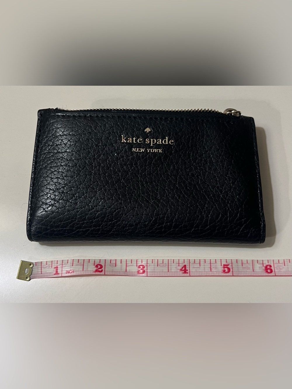kate spade Black Pebbled Leather Zip Card Holder with Gold Logo